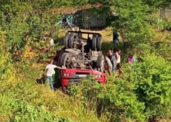 Caminhão tomba após colidir com animal na pista em Itaetê
