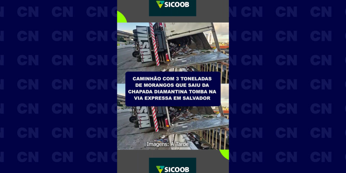 Caminhão com 3 toneladas de morangos que saiu da Chapada tomba em via expressa em Salvador